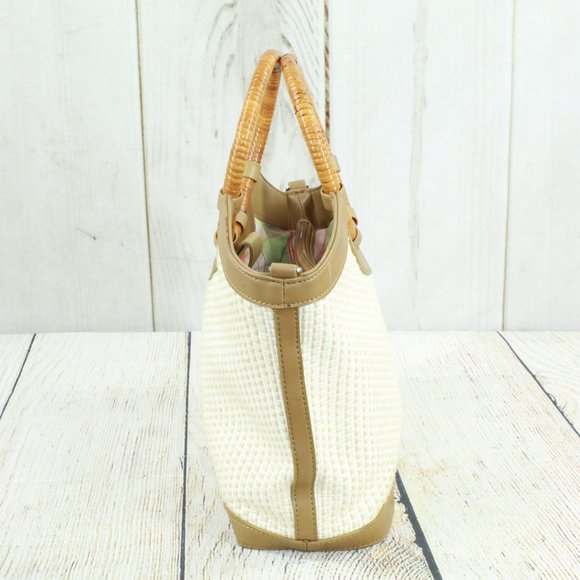 Fossil White Basket Weave Wood Round Handle Leather Trim Satchel Tote Bag Purse - Picture 2 of 10